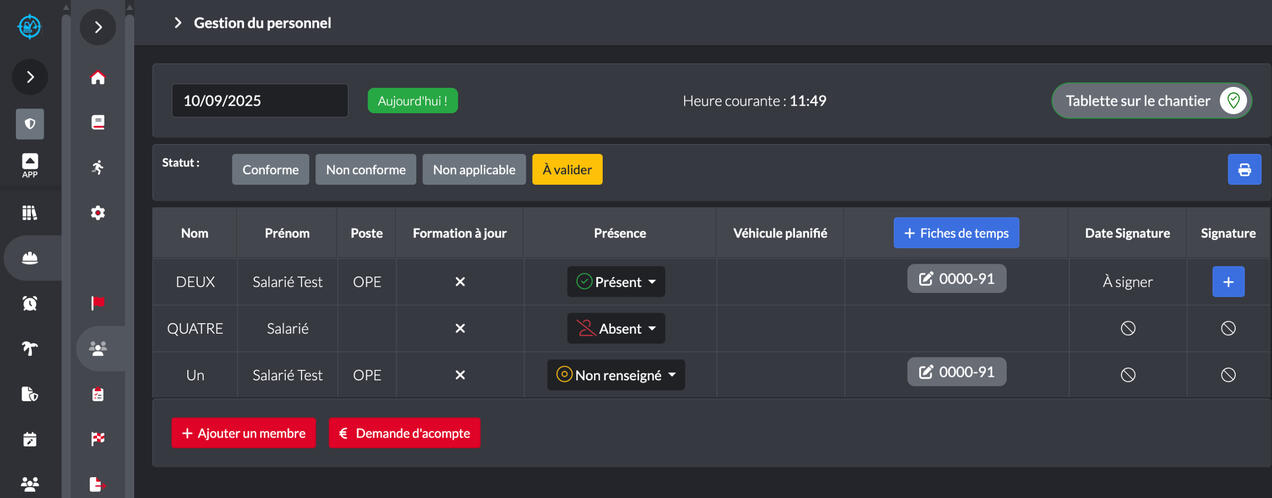 Présence sur chantier